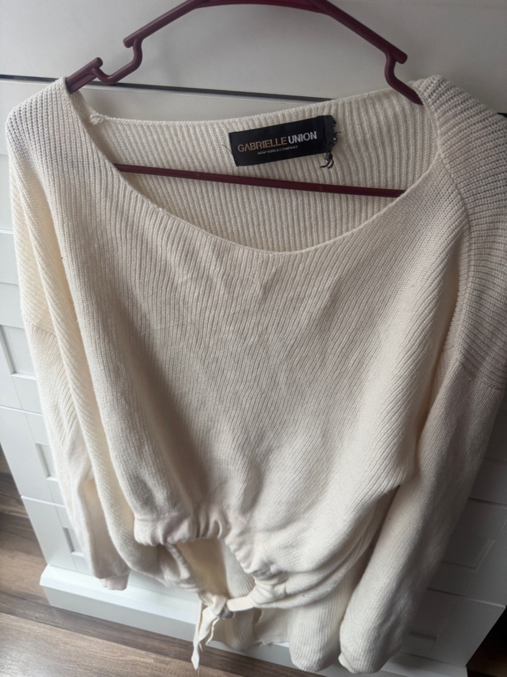 Gabrielle Union Cream Scoop-Neck Tie-Front Sweater
